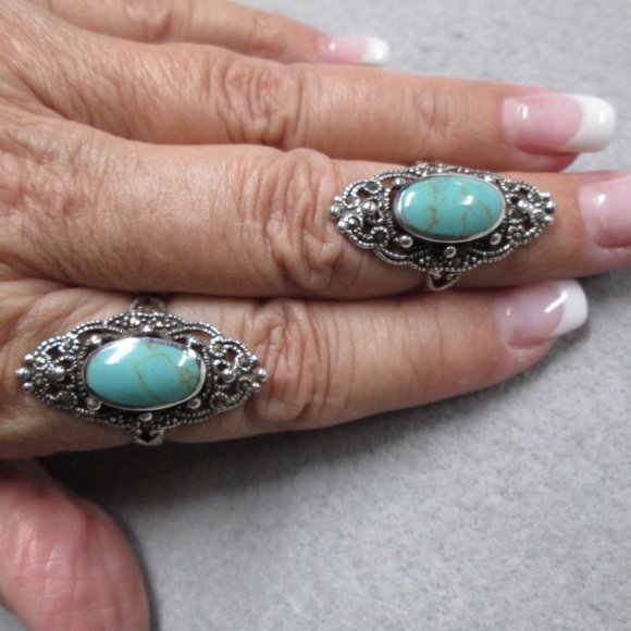 Stunning 925 Sterling Silver TURQUOISE & MARCASITE Filigree Ring>Long & Elegant - Picture 2 of 6